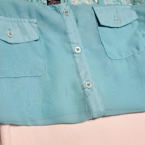 Deb Button Tie Front Chiffon Lace Collar Blouse Aqua Medium - Picture 11 of 12
